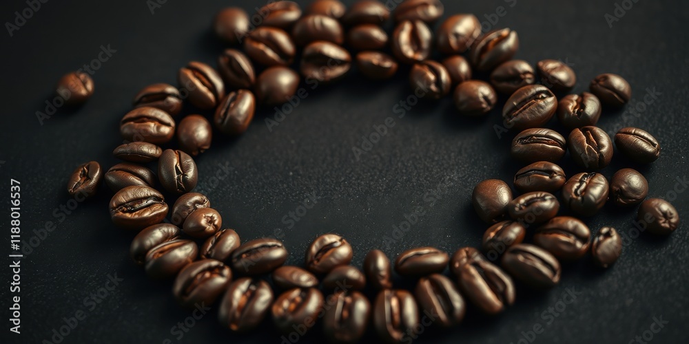 A coffee bean circle on a dark surface, perfect for showcasing the beauty of roasted beans and their potential for a delicious cup of coffee. A coffee bean circle on a dark surface, perfect for showcasing the beauty of roasted beans and their potential for a delicious cup of coffee.