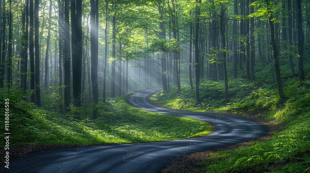 Obraz premium Winding Road Through A Sun Dappled Forest