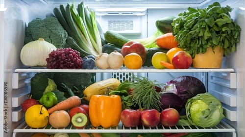 Fresh vegetables and fruits are stored on shelves in the refrigerator. photo