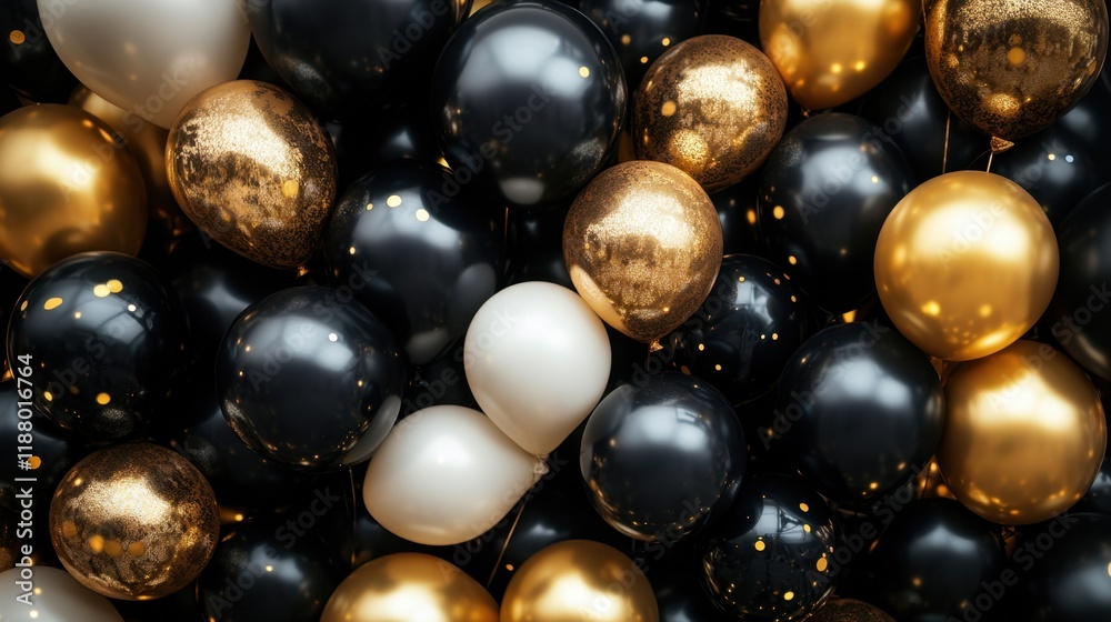 A chic and elegant display of black, gold, and white balloons against a dark backdrop, perfect for Black Friday deals or luxury event photography.