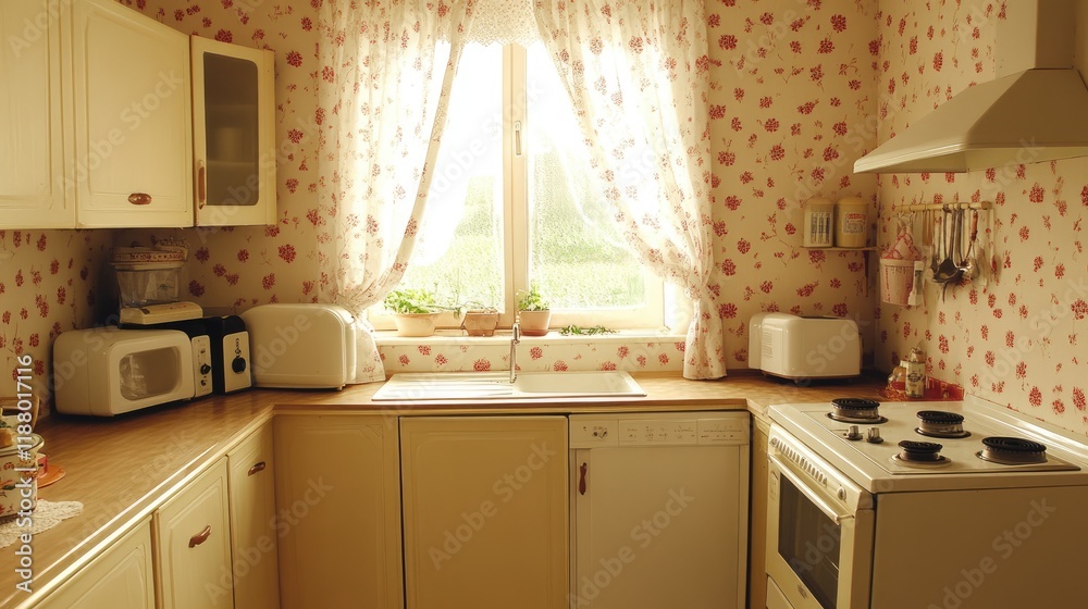 Fototapeta premium A rustic kitchen with beige wallpaper featuring small floral prints.