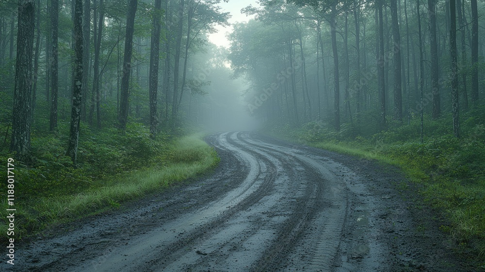 Obraz premium Foggy Forest Road Winding Through Lush Green Trees
