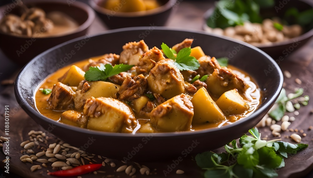 Massaman Curry with Chicken and Potatoes.It is an aromatic curry with a tangy, luxurious taste that is harmonic, sweet and isn't as spicy
Massaman Curry with Chicken and Potatoes.It is an aromatic curry with a tangy, luxurious taste that is harmonic, sweet and isn't as spicy