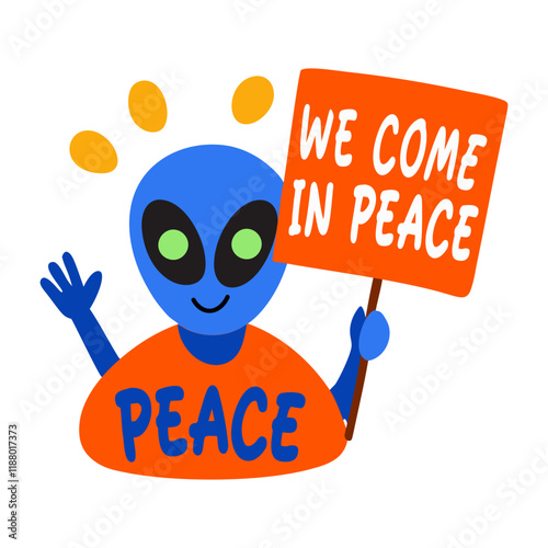 A flat sticker of friendly alien with peace typography