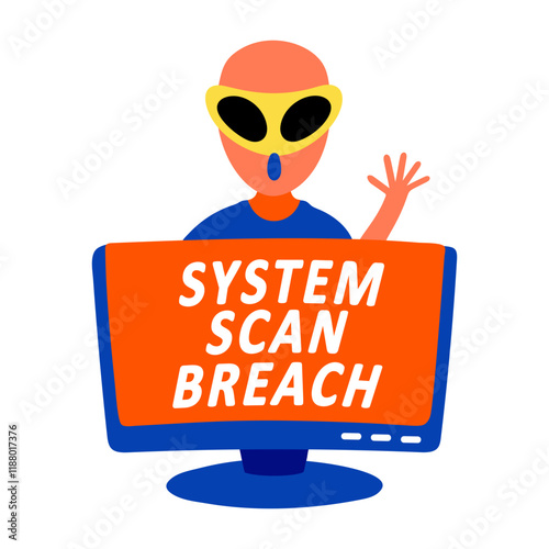 A flat sticker of an alien system hacking