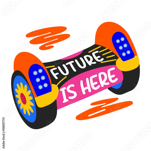 A flat sticker of a hoverboard with future is here typography