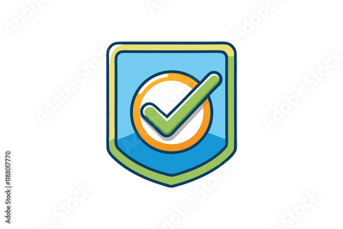 Cartoon illustration of a verification check mark badge icon in blue and green color scheme for authentication or approval themes