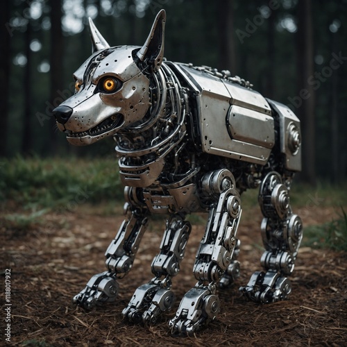 A robot dog with silver plating and mechanical legs.