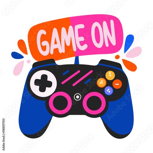 A flat sticker of a controller with game on typography