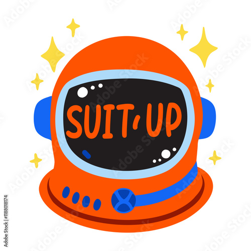 A flat sticker of astronaut helmet with suit up typography