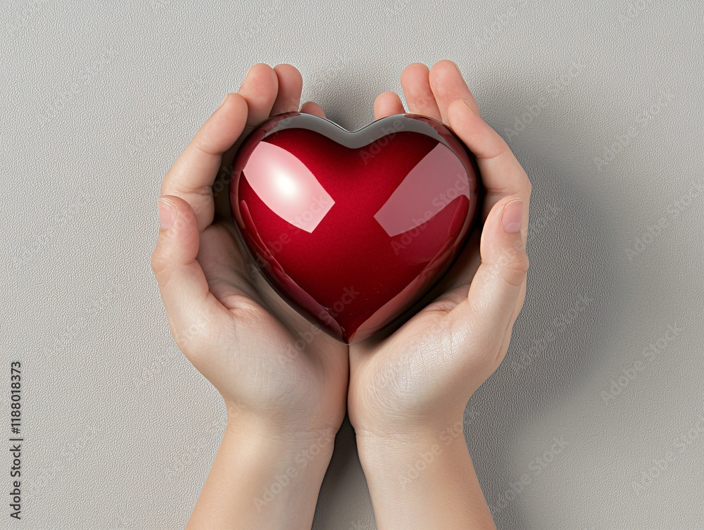 Fototapeta premium A child s hands cupped together holding a bright red heart against a soft beige background with negative space for messaging