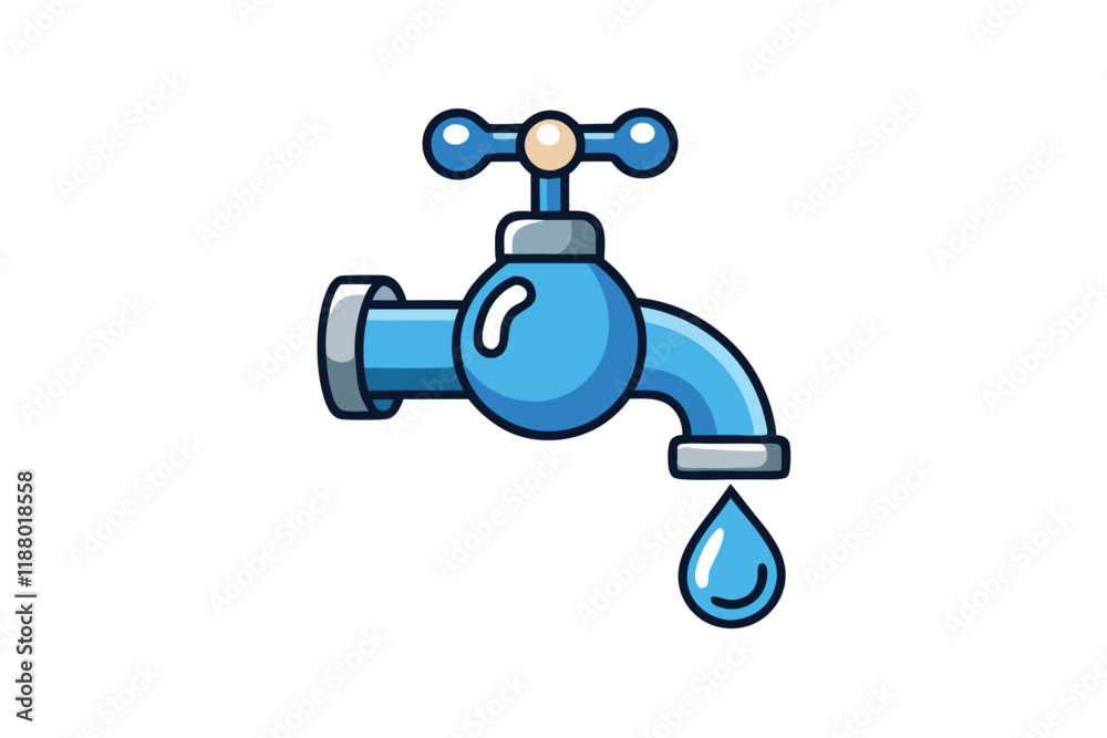Illustration of a classic blue water faucet dripping a single droplet, isolated on a white background, representing plumbing and water conservation