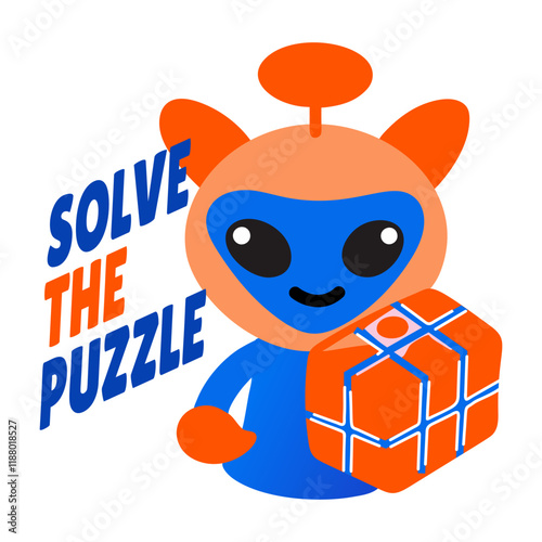 A flat sticker of an alien with solve puzzle typography