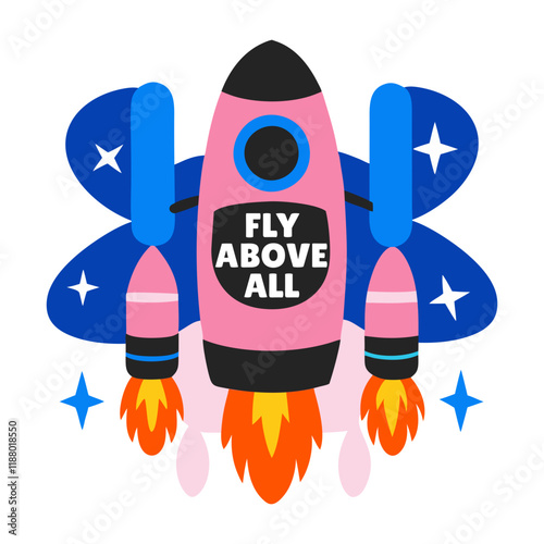 A flat sticker of a spacecraft with fly above all typography