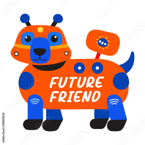 A flat sticker of a robot dog with future friend typography