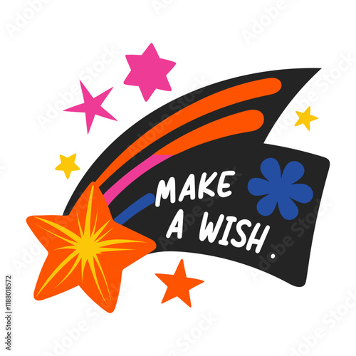 A flat sticker of shooting star with make a wish typography