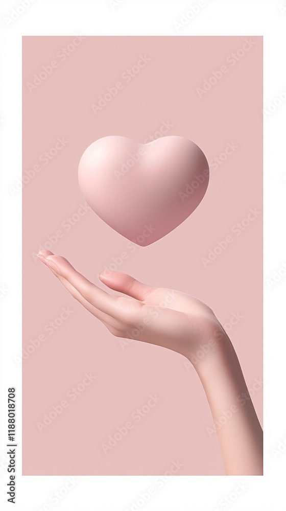 Close-up of a hand holding a glowing valentine heart against a soft pastel pink background, minimalist design with abundant copy space Close-up of a hand holding a glowing valentine heart against a soft pastel pink background, minimalist design with abundant copy space