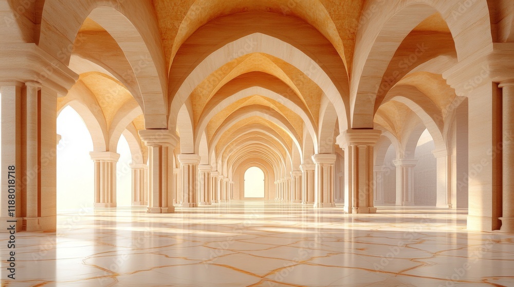 Obraz premium Elegant arched hallway with marble floor and columns