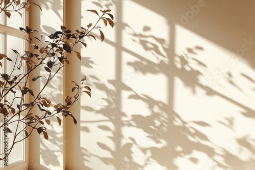 Nature shadows play in minimalistic light beige room indoor photography calm atmosphere soft light artistic concept photo