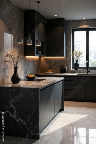 Dramatic marble and granite kitchen counter Modern style, luxurious feel , countertop, high-resolution