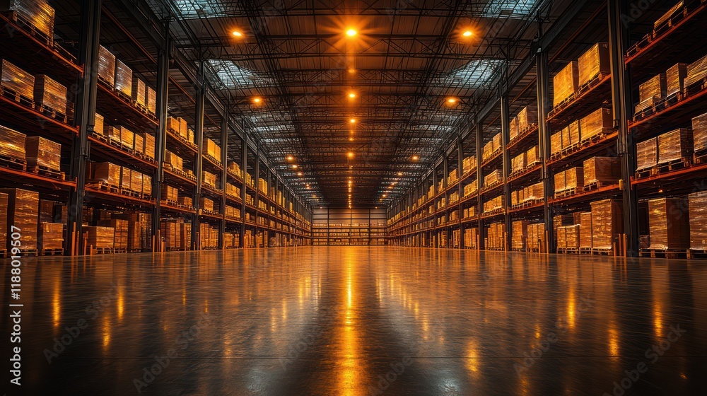 Fototapeta premium A wide-angle view of a massive warehouse, filled with rows of inventory, and large ceiling lights illuminating the space