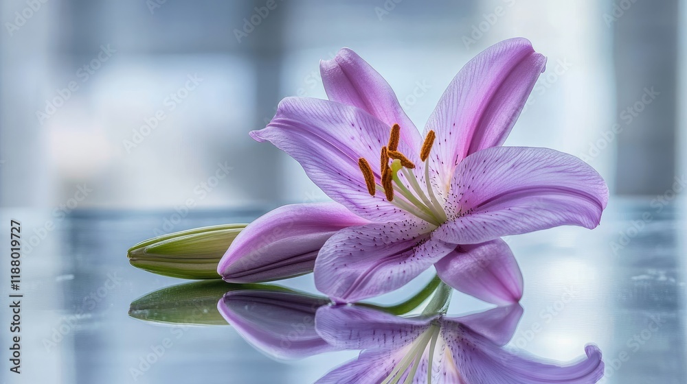 Fototapeta premium A single purple lily placed on a reflective glass surface.