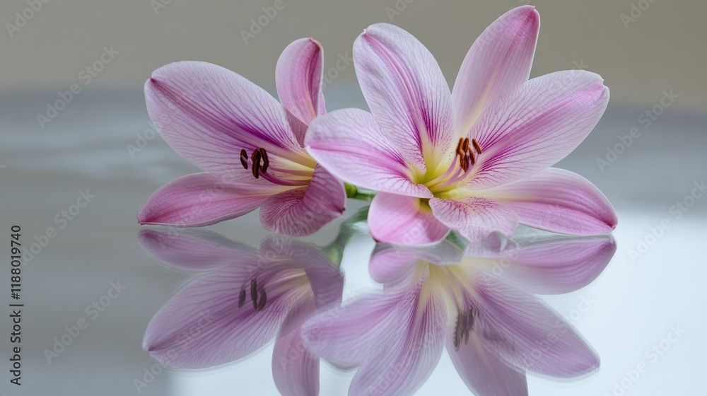 Fototapeta premium A single purple lily placed on a reflective glass surface.