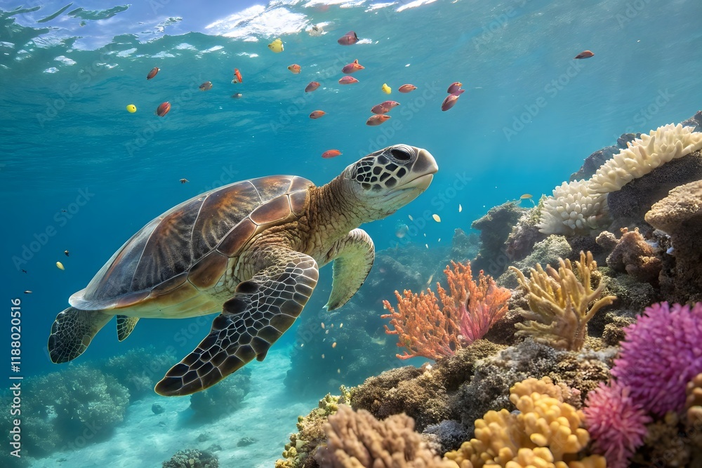 Obraz premium Underwater Sea Turtle Coral Reef Tropical Ocean Marine Wildlife