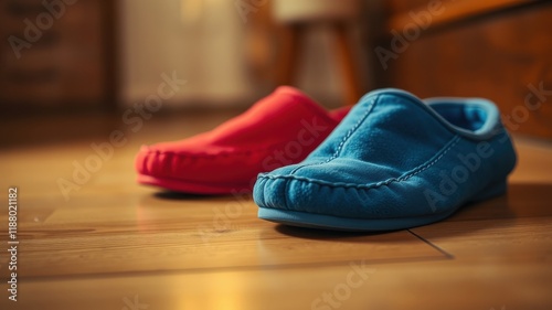 A soft blue suede slipper rests on a wooden floor beside a red suede slipper, both in a state of casual repose.