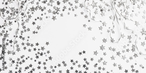 A festive background with a scattering of silver star-shaped confetti and curling ribbon on a white surface