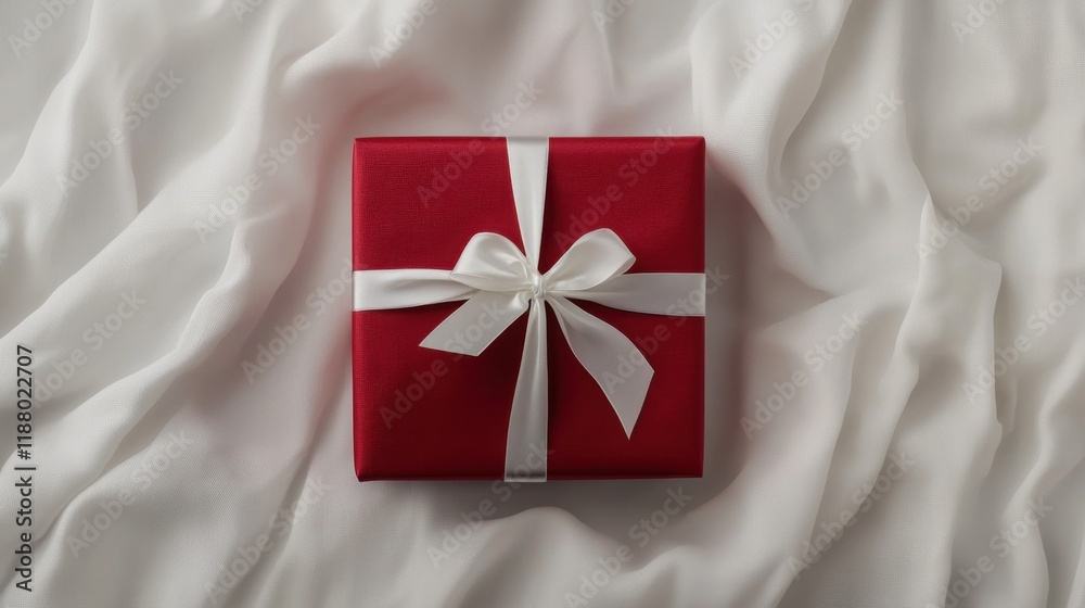 A classic red gift box with a white satin ribbon, set against a white background, conveying simplicity and elegance for holiday imagery. A classic red gift box with a white satin ribbon, set against a white background, conveying simplicity and elegance for holiday imagery.