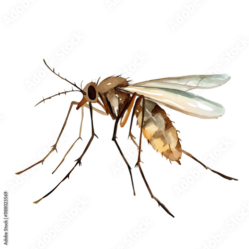 A watercolor vector painting of a Mosquito, isolated on a white background. Mosquito vector.

