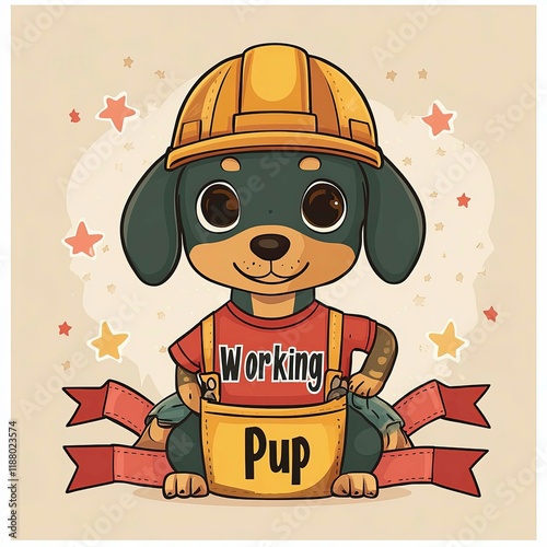 Cute cartoon dog dressed as a construction worker in a playful, colorful design photo