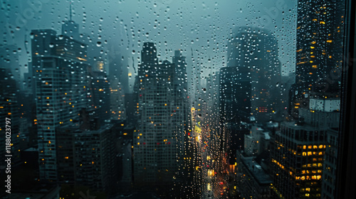 Misty skyline of skyscrapers on a rainy day with wet glass window blurring the city view at night