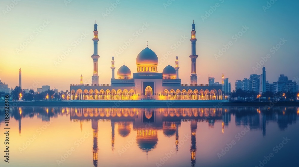 Obraz premium Majestic Mosque Reflecting in Calm Waters at Dawn