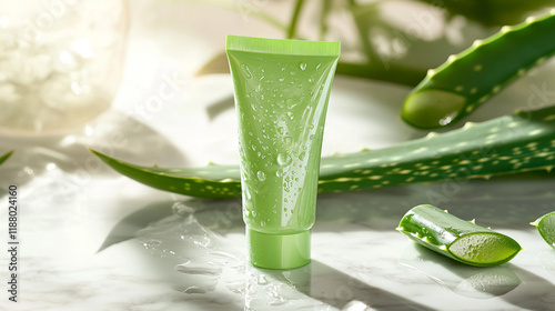 Green aloe vera gel tube with fresh leaves and water droplets photo