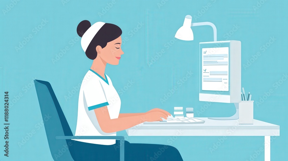 Professional female healthcare worker at desk using computer to manage patient information in bright modern office environment with minimalistic design Professional female healthcare worker at desk using computer to manage patient information in bright modern office environment with minimalistic design