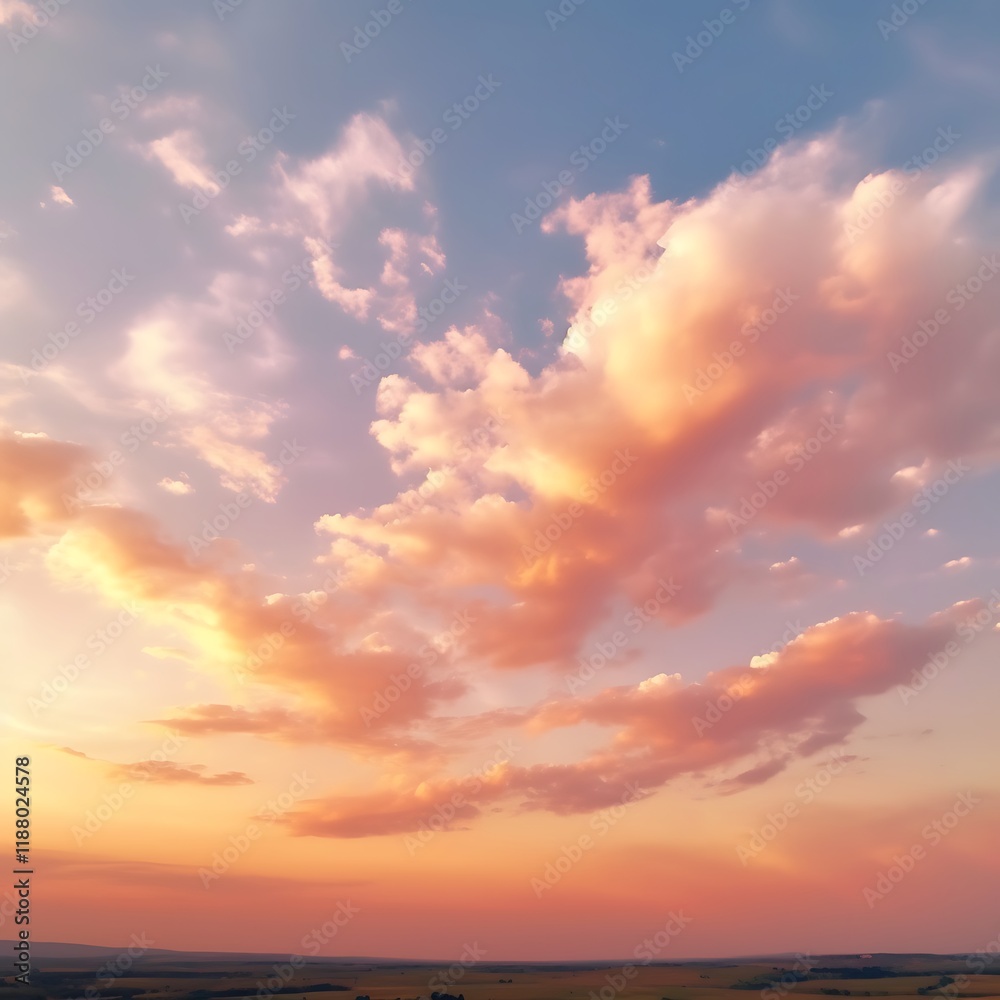 Fototapeta premium Peachy Pink Sunset Clouds Over Rural Landscape