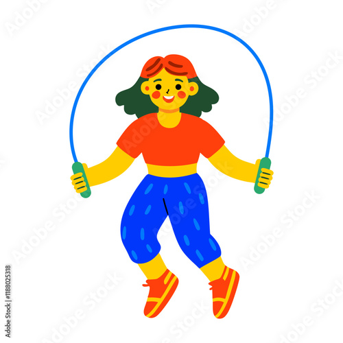 Flat style illustration of girl skipping rope