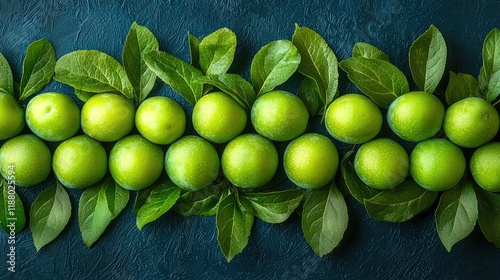 Green Plums Arranged with Leaves on Dark Background photo