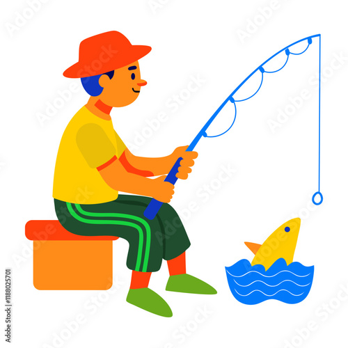 Flat character illustration of fishing man