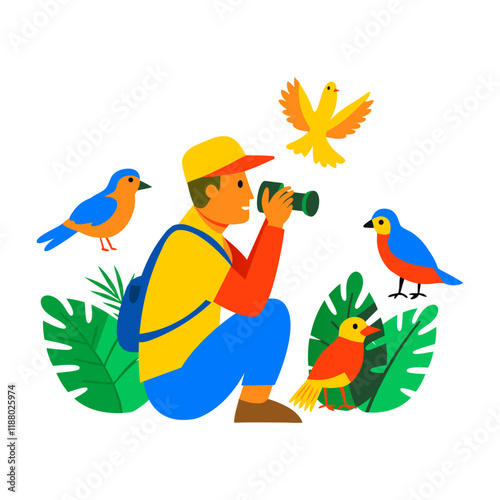 A flat character illustration of ornithologist