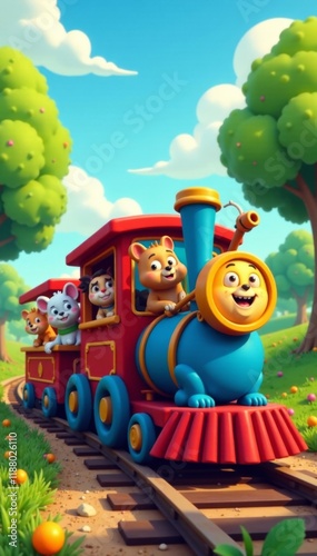 Colorful cartoon train convoy with diverse animal friends on wagons, fantasy, colorful, fun