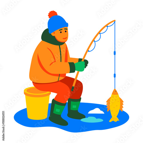 A flat style illustration of ice fishing girl