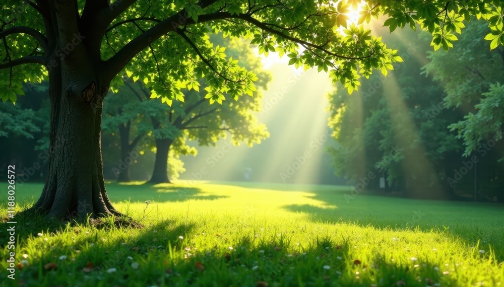 Fototapeta premium Soft, dappled sunlight filtering through leaves casting shadows on ground, texture, shade