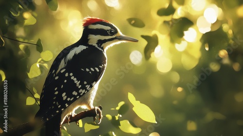 A close-up of a great spotted woodpecker's profile as it grips a branch, its beak glinting in the soft sunlight. photo