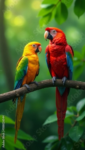 Colorful parrot perches on a branch with lush greenery, wildlife, nature, leaves