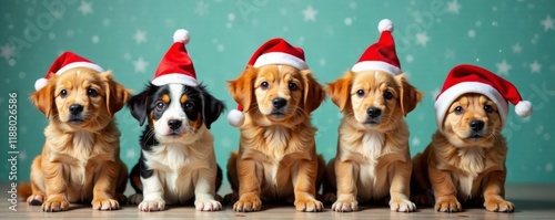 Colorful pets wearing festive red Christmas hats, sitting in a row, pet party, holiday cheer, joyful group photo