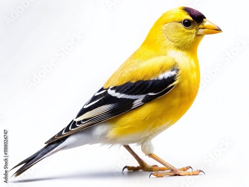 Vibrant American Goldfinch Bird, Full Body, Yellow Plumage, White Background Stock Photo photo