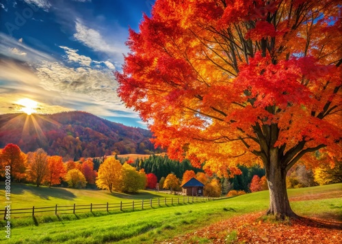 Vibrant Autumn Tree in Wolcott, Vermont - Fall Foliage Photography photo